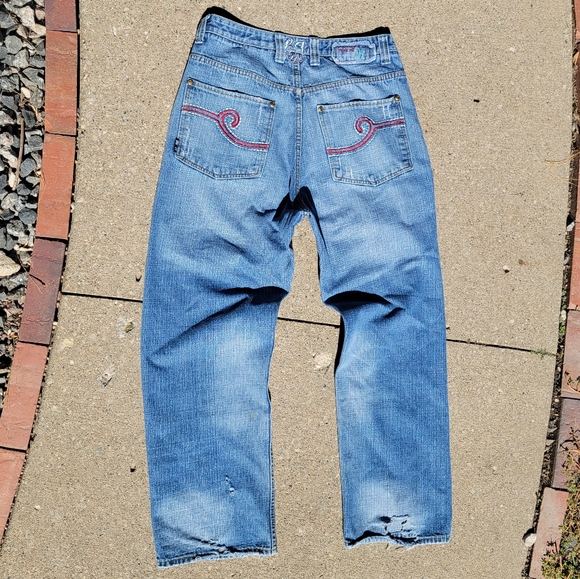 Baggy Skater Jeans BARBQ Wide Leg Medium Light Wash Red Pocket 34 x 34 BBQ - Picture 1 of 10